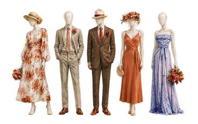 Cinco atuendos de ejemplo: vestidos largos y midi, trajes y blazers en tonos tierra